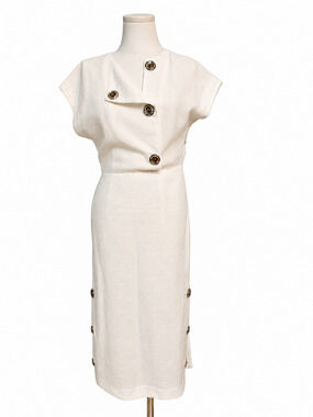 LOEWE White Linen Asymmetric Midi Dress Giant Contrast Button Slit Detail Pit 16